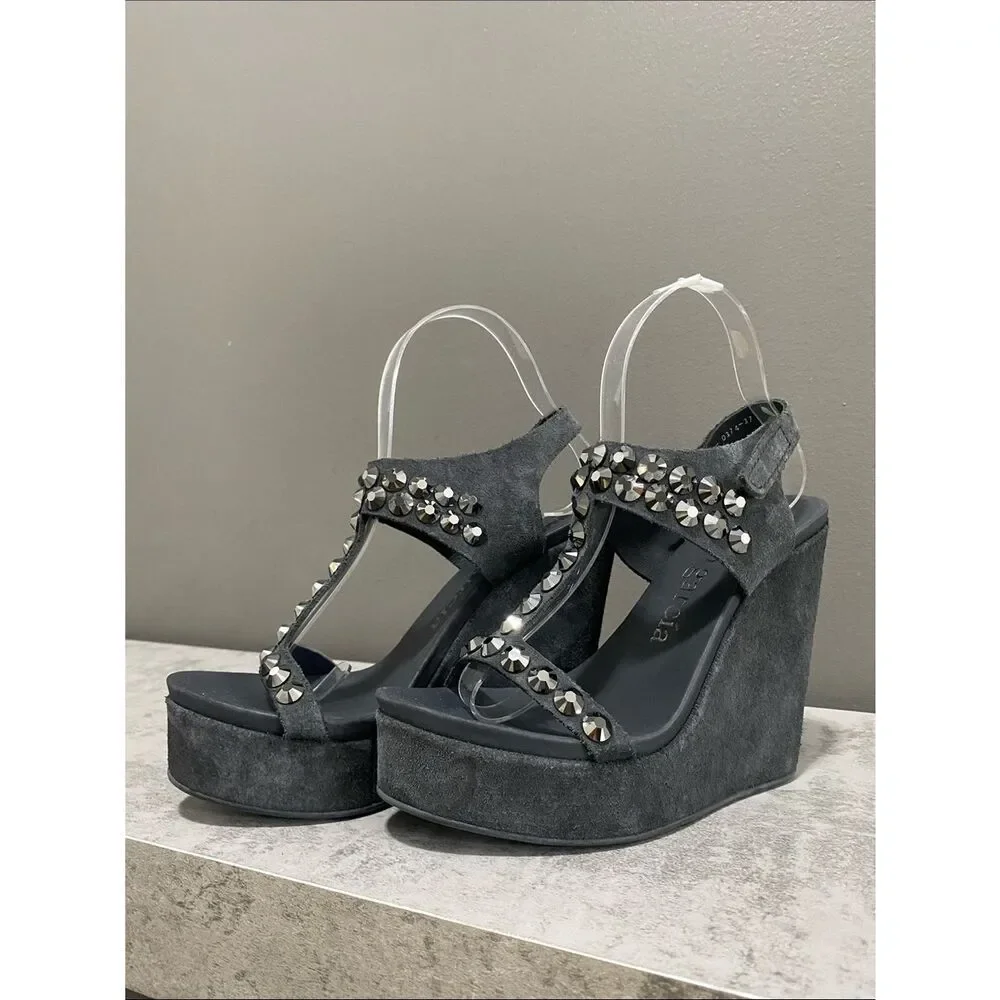 Pedro Garcia Swarovski Crystals Black Suede Platform Wedge Sandals Size 37 US 7